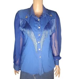 Vintage Lilia Smitty Western Fringe Sheer Sleeve Blouse Blue M Cowgirl Rodeo USA